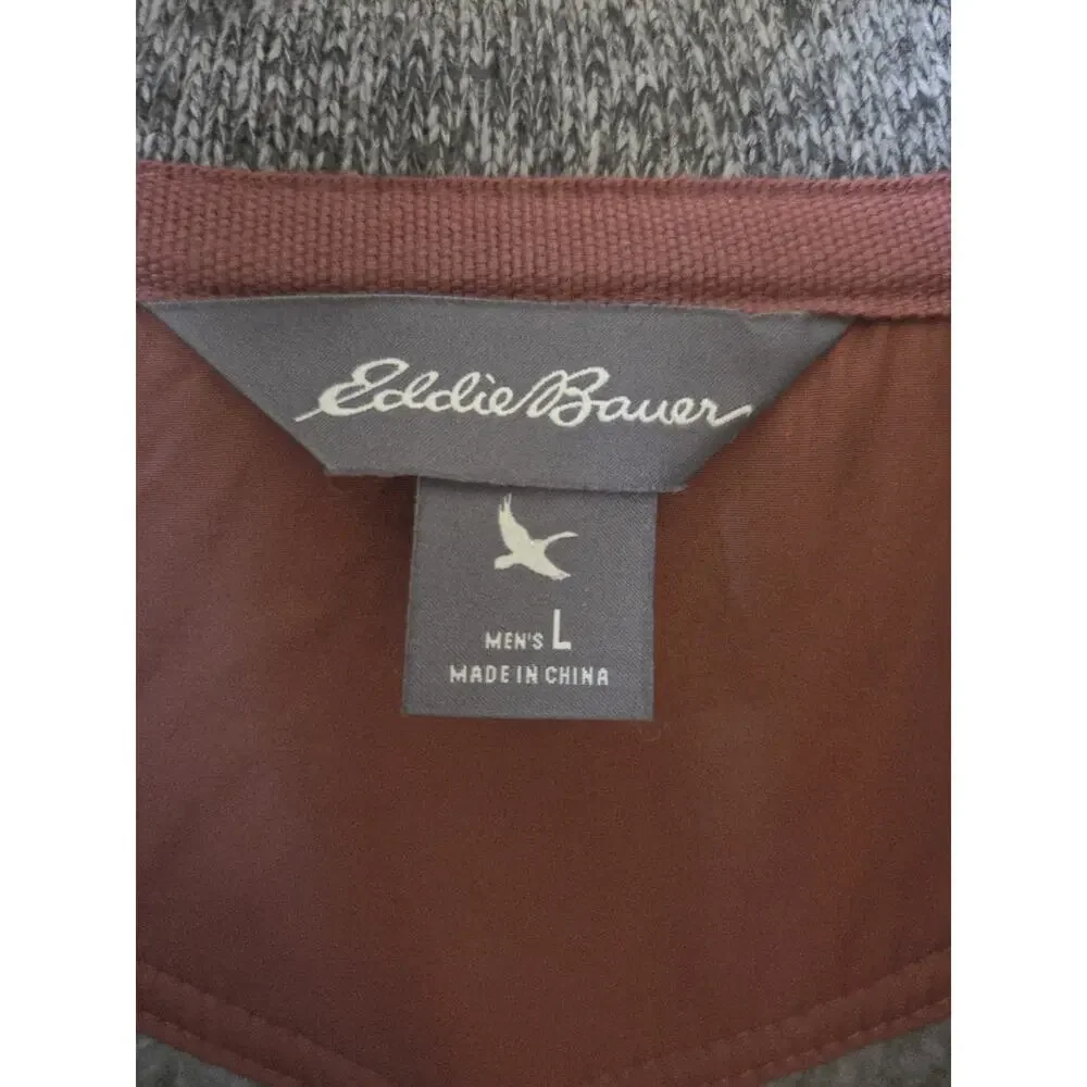 Eddie Bauer Mens L Pullover Fleece 1/4 Snap Gray & Rust Zip Pockets Gorpcore
